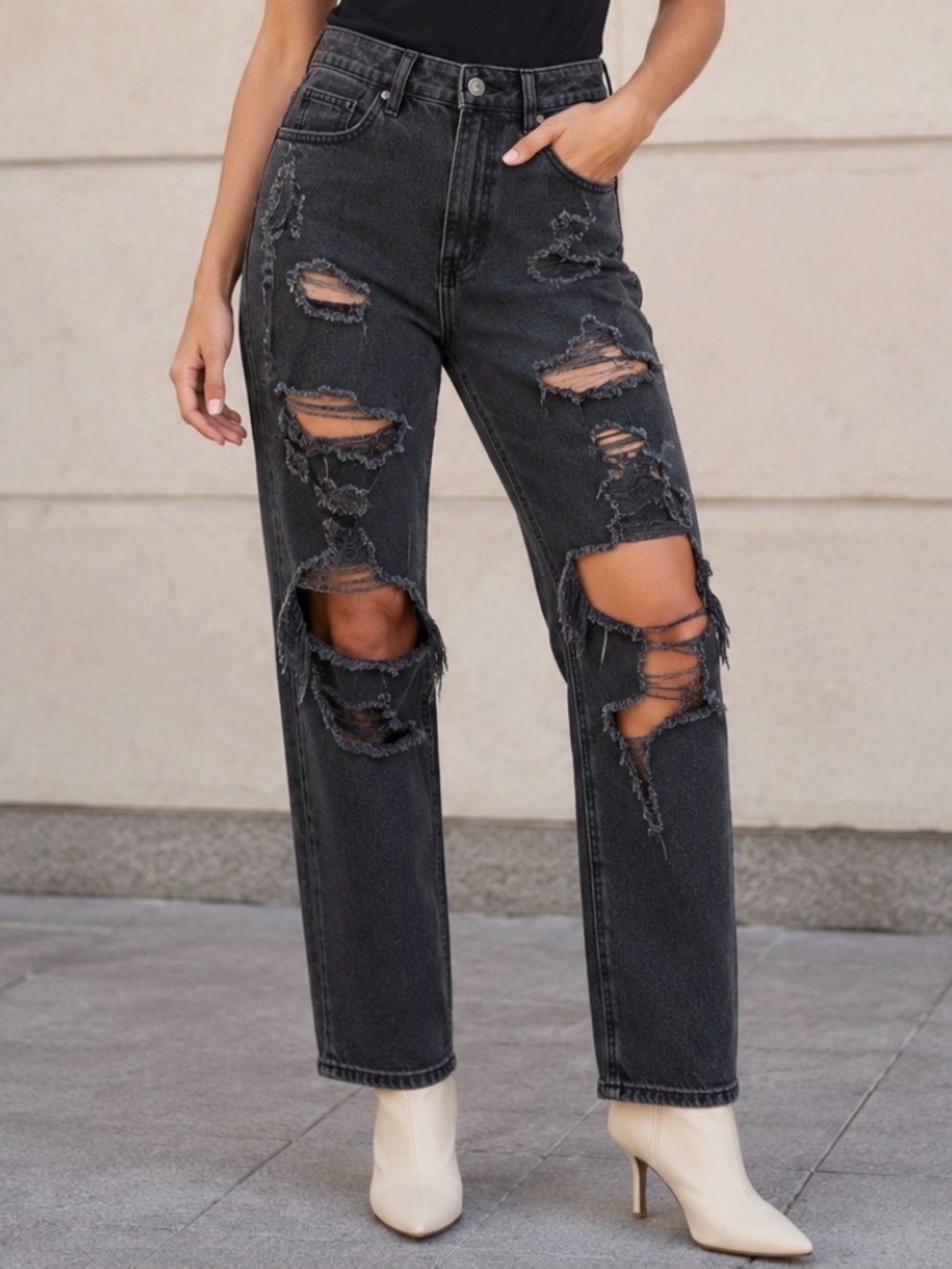 American Eagle Size 4 Black Distressed Ripped Mom Jeans Comfort Stretch